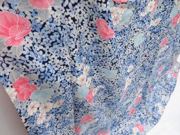 Photo3: 4301T01z970 Vintage Japanese Kimono Synthetic KOMON Flowers Hyacinth blue (3)
