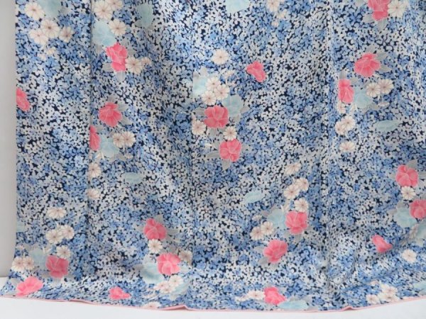 Photo4: 4301T01z970 Vintage Japanese Kimono Synthetic KOMON Flowers Hyacinth blue (4)