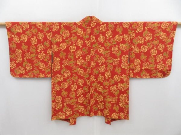 Photo1: 4301T03z560 Vintage Japanese Kimono Silk HAORI Mallet Orange-Red (1)