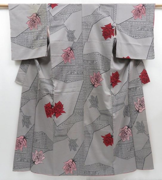 Photo1: 4301T16z870 Vintage Japanese Kimono Silk KOMON Rose Gray (1)