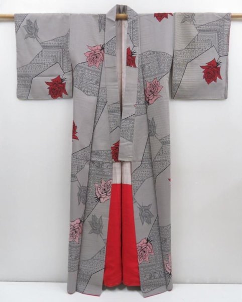 Photo4: 4301T16z870 Vintage Japanese Kimono Silk KOMON Rose Gray (4)