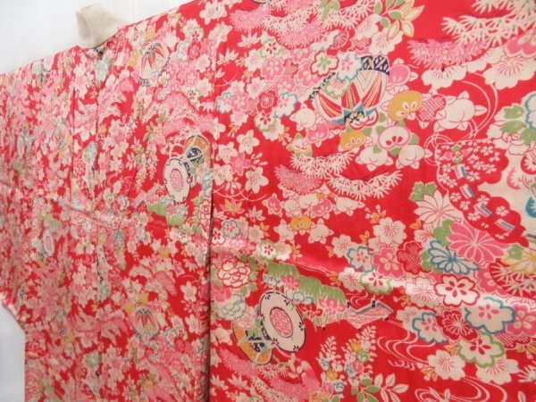 Photo2: 4303T07z660 Antique Japanese Kimono Jinken JUBAN Hand drum Dark red (2)