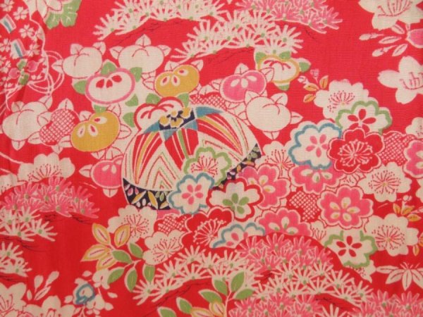 Photo4: 4303T07z660 Antique Japanese Kimono Jinken JUBAN Hand drum Dark red (4)