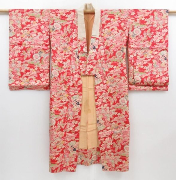 Photo5: 4303T07z660 Antique Japanese Kimono Jinken JUBAN Hand drum Dark red (5)