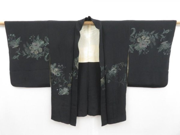 Photo5: 4304T07z560 Vintage Japanese Kimono Silk HAORI Flowers Black (5)