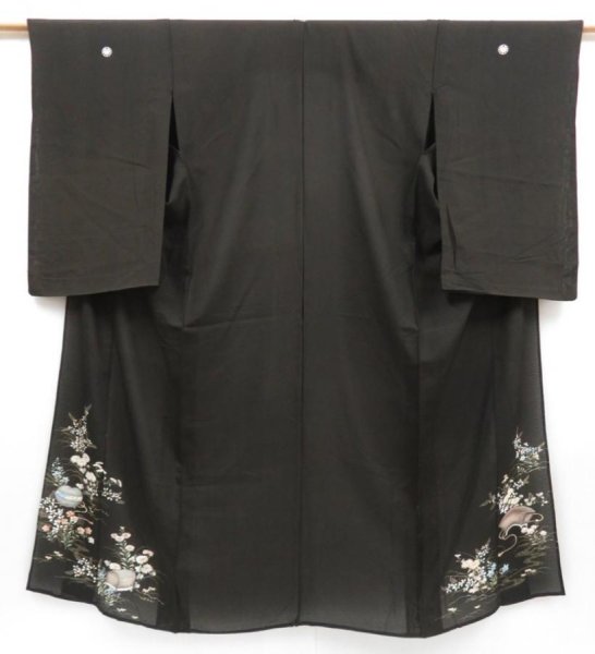 Photo1: 4306T03z370 Vintage Japanese Kimono Silk RO TOMESODE Flowers Black (1)