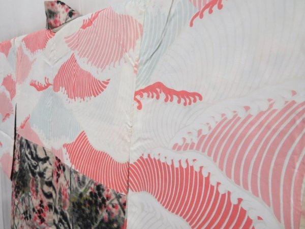 Photo7: 4306T10z400 Vintage Japanese Kimono Silk MEISEN HAORI Plum tree Off-white (7)