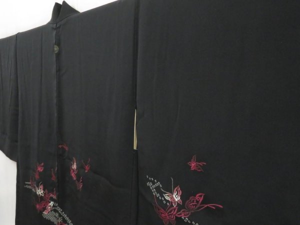 Photo2: 4307T03z540 Vintage Japanese Kimono Silk HAORI Butterfly Black (2)