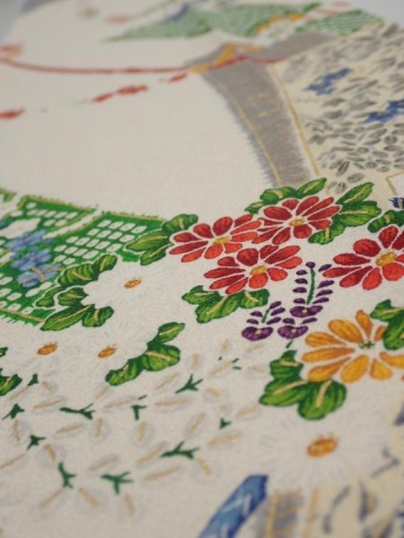Photo4: 2Z09z60  Japanese Kimono Silk  FABRIC Flowers, Noshi Off-white 79.5x7.1 (4)
