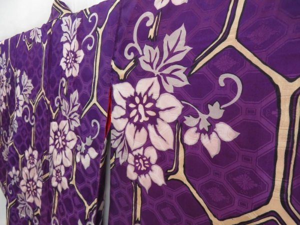 Photo2: 4311T11z600 Antique Japanese Kimono Blend silk KOMON Flower Grape (2)