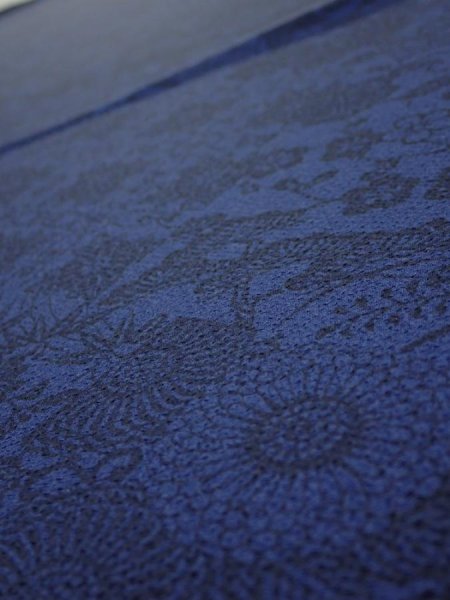Photo4: 2J02z60  Japanese Kimono Crepe Silk  FABRIC Flowers Indigo 38.6x15.0 (4)