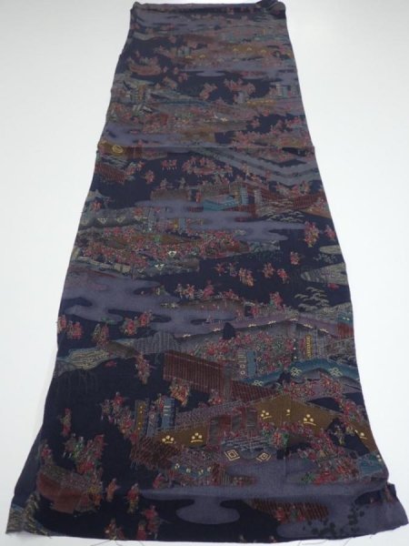 Photo5: 2i01z70  Japanese Kimono Crepe Silk  FABRIC Edo era Dark navy 40.2x13.8 (5)