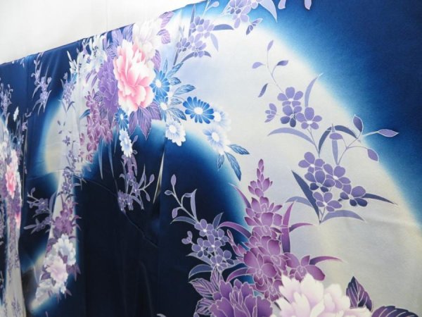 Photo2: 4325T02z1130  Japanese Kimono Silk FURISODE Peony Dark navy (2)