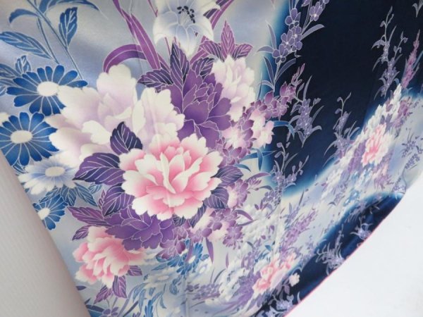 Photo3: 4325T02z1130  Japanese Kimono Silk FURISODE Peony Dark navy (3)