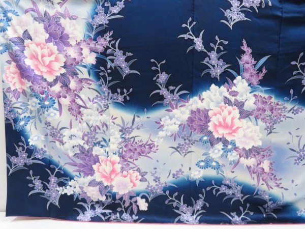 Photo5: 4325T02z1130  Japanese Kimono Silk FURISODE Peony Dark navy (5)