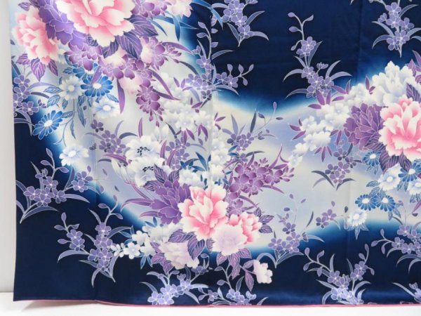 Photo6: 4325T02z1130  Japanese Kimono Silk FURISODE Peony Dark navy (6)