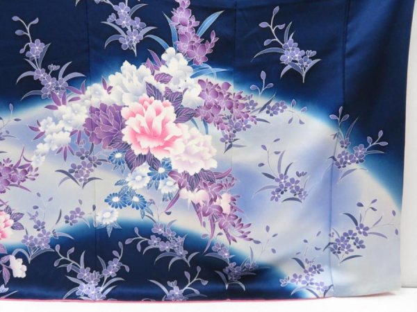 Photo7: 4325T02z1130  Japanese Kimono Silk FURISODE Peony Dark navy (7)