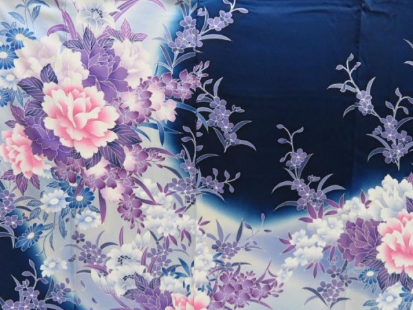 Photo8: 4325T02z1130  Japanese Kimono Silk FURISODE Peony Dark navy (8)