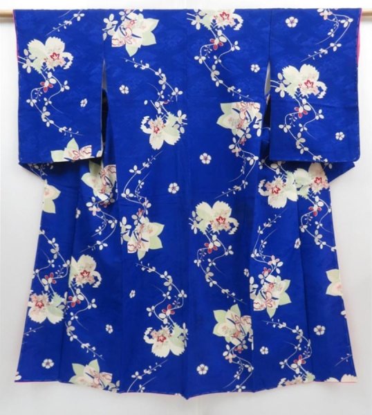 Photo1: 4325T05z640 Vintage Japanese Kimono Jinken KOMON Flowers Oriental blue (1)