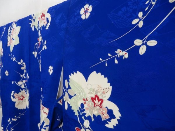 Photo2: 4325T05z640 Vintage Japanese Kimono Jinken KOMON Flowers Oriental blue (2)
