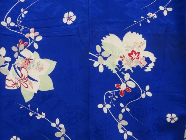 Photo5: 4325T05z640 Vintage Japanese Kimono Jinken KOMON Flowers Oriental blue (5)