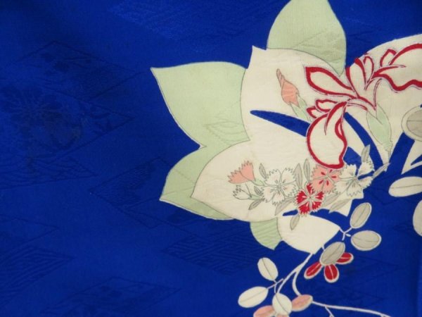 Photo6: 4325T05z640 Vintage Japanese Kimono Jinken KOMON Flowers Oriental blue (6)