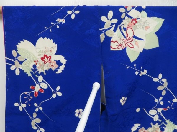 Photo7: 4325T05z640 Vintage Japanese Kimono Jinken KOMON Flowers Oriental blue (7)