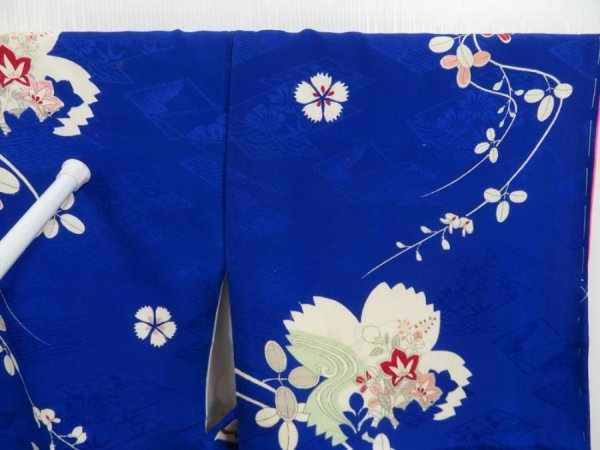 Photo8: 4325T05z640 Vintage Japanese Kimono Jinken KOMON Flowers Oriental blue (8)