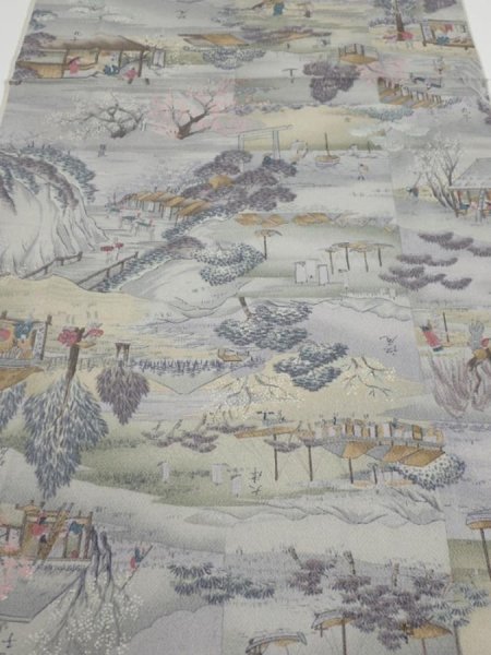 Photo1: 2K06z80  Japanese Kimono Crepe Silk  FABRIC Edo era Light gray 45.7x15.0 (1)