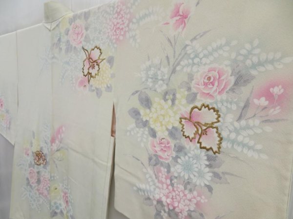 Photo2: 4401T04z620 Vintage Japanese Kimono Silk HAORI Flowers Off-white (2)