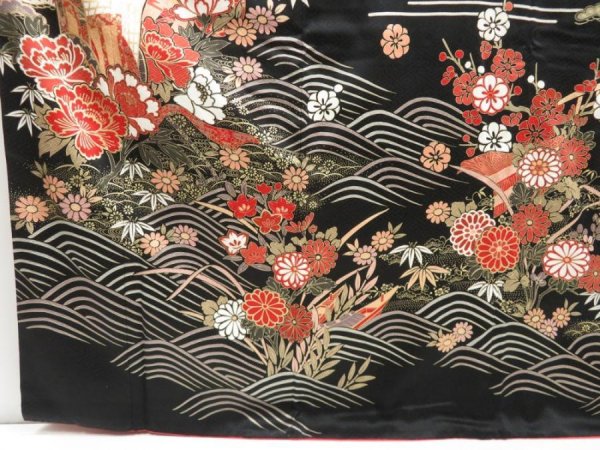 Photo6: 4421T12z1620  Japanese Kimono Silk FURISODE Royal cart Black (6)