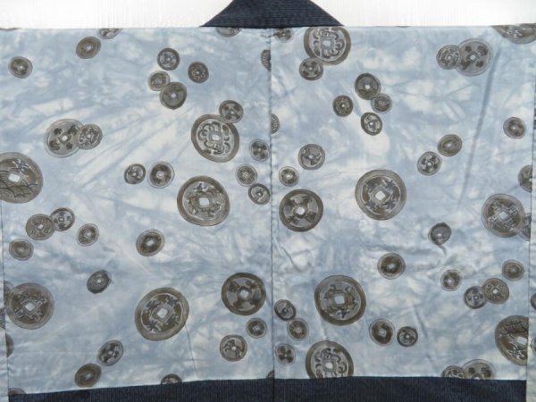 Photo2: 4423T09z530 Vintage Japanese Kimono Silk Men's HAORI Old coins Navy (2)
