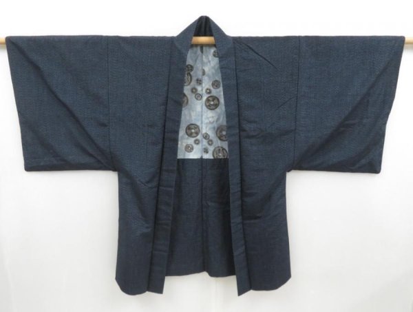 Photo4: 4423T09z530 Vintage Japanese Kimono Silk Men's HAORI Old coins Navy (4)
