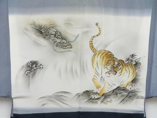 Photo2: 4423T13z580 Vintage Japanese Kimono Silk Men's HAORI Tiger Navy-Gray (2)