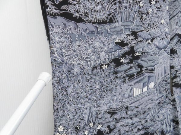 Photo7: 4427T03z950  Japanese Kimono Silk KOMON Flowers Black (7)