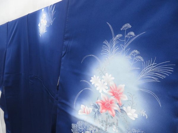 Photo2: 4429T12z940  Japanese Kimono Silk TSUKESAGE Flowers Navy (2)