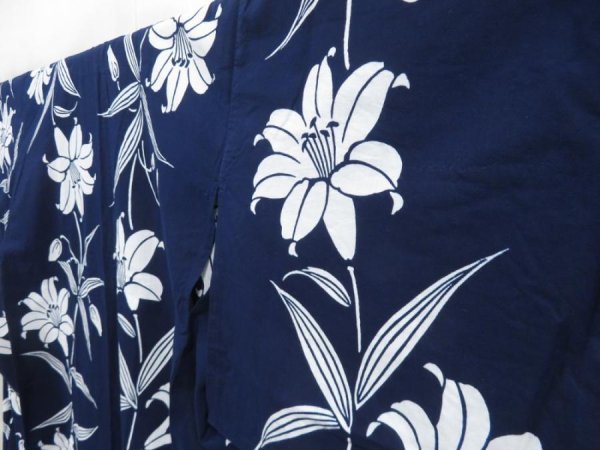 Photo2: 4502T10z430  Japanese Kimono Cotton YUKATA Lily Navy (2)
