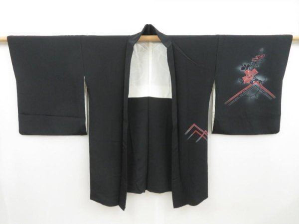 Photo6: 4503T11z600  Japanese Kimono Silk HAORI Peony Black (6)