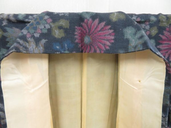 Photo7: 4509T02z790 Vintage Japanese Kimono Silk TSUMUGI Flowers Dark gray (7)