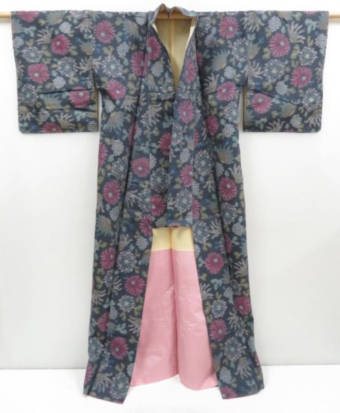 Photo8: 4509T02z790 Vintage Japanese Kimono Silk TSUMUGI Flowers Dark gray (8)