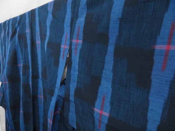 Photo2: 4509T05z880 Vintage Japanese Kimono Silk TSUMUGI  Blue Black (2)