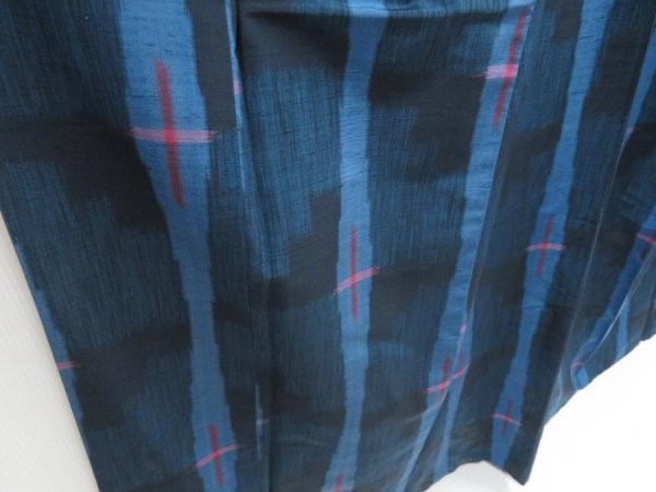 Photo3: 4509T05z880 Vintage Japanese Kimono Silk TSUMUGI  Blue Black (3)