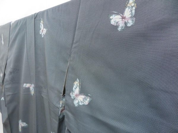 Photo2: 4509T09z840  Japanese Kimono Silk TSUMUGI Butterfly Gray (2)