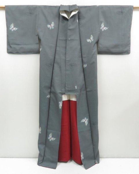 Photo8: 4509T09z840  Japanese Kimono Silk TSUMUGI Butterfly Gray (8)