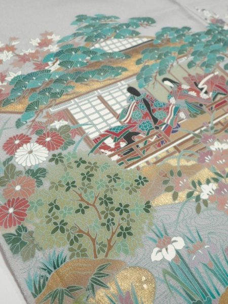 Photo3: 2N03z240  Japanese Kimono Silk  FABRIC Japanese palace garden Gray 63.8x28.3 (3)