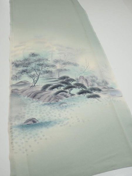 Photo2: 2M03z90  Japanese Kimono Silk  FABRIC Garden Opal Green 64.6x14.2 (2)