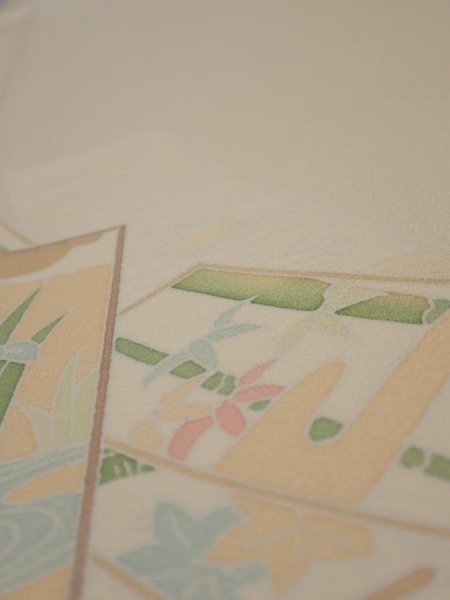 Photo4: 2N04z90  Japanese Kimono Silk  FABRIC Bamboo Light cream 65.4x14.2 (4)