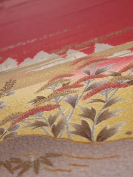Photo4: 2N03z90  Japanese Kimono Silk  FABRIC Scenery Dark red 66.1x15.6 (4)