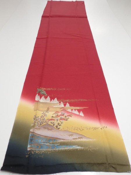 Photo6: 2N03z90  Japanese Kimono Silk  FABRIC Scenery Dark red 66.1x15.6 (6)