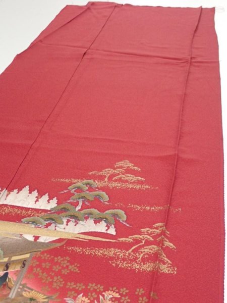 Photo5: 2N04z140  Japanese Kimono Silk  FABRIC Japanese palace garden Dark red 63.0x19.9 (5)